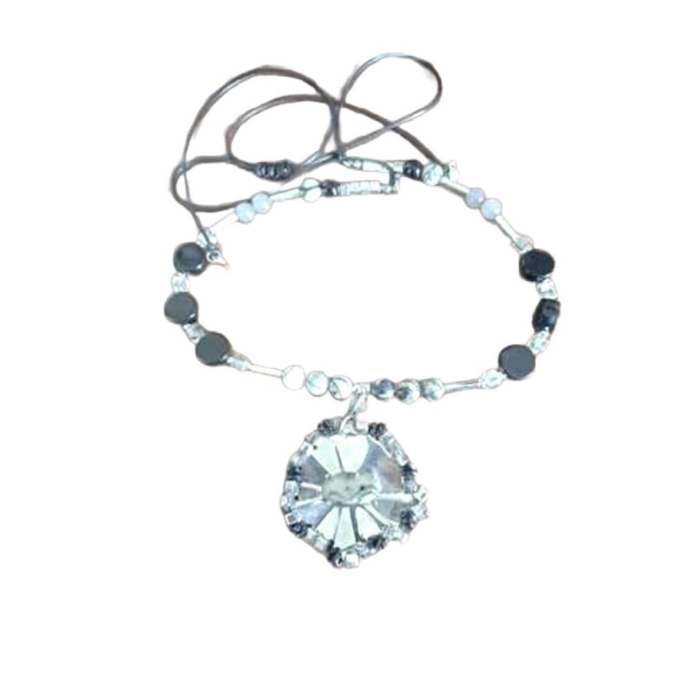 Silver, Black Gray Beaded Choker with Medallion Slip Knot Closure Pre Owned